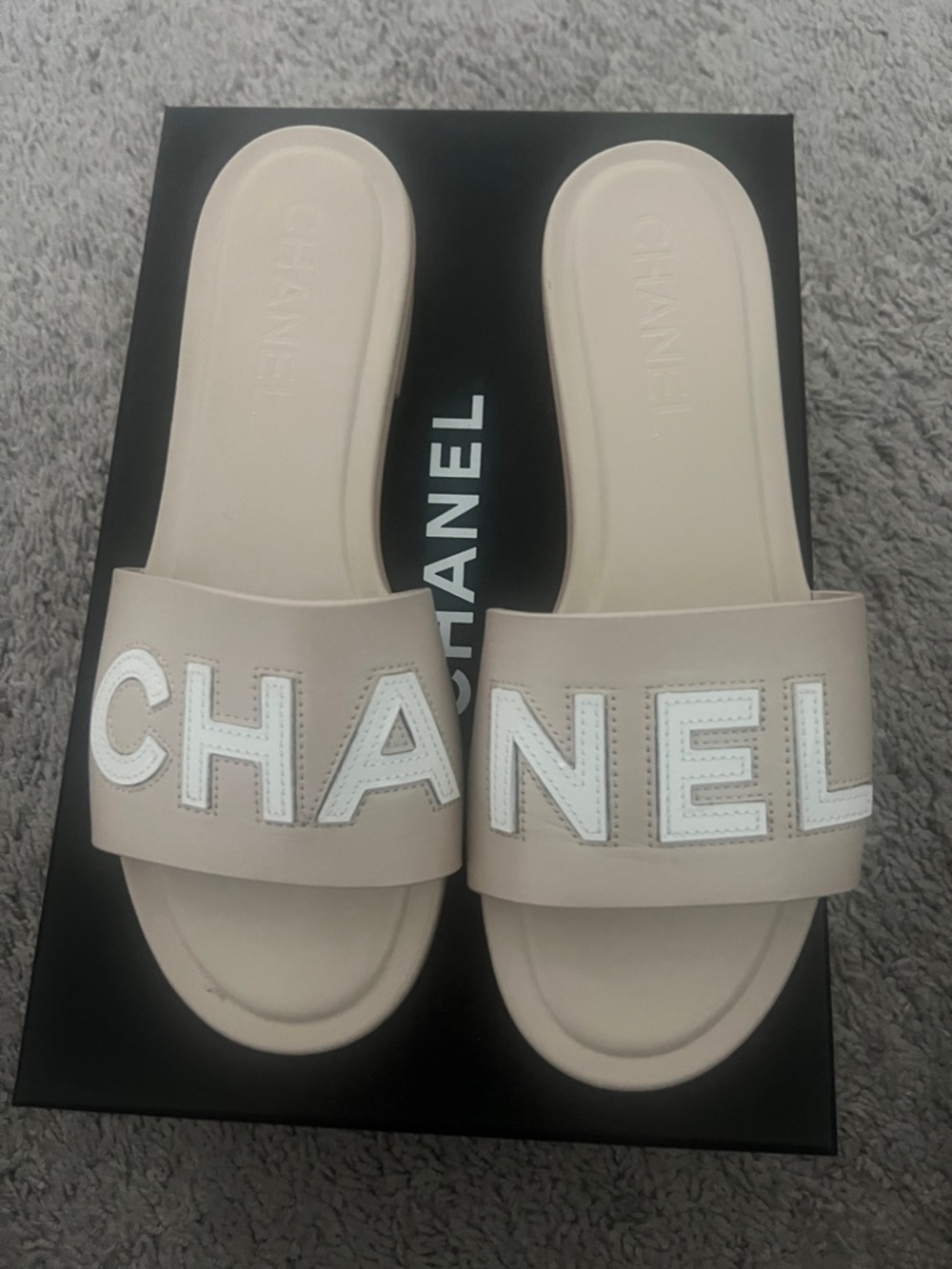 CHANEL Beige and White Logo Slide Sandals - Picture 2 of 4
